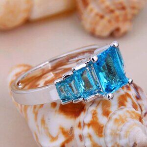 New Womens Blue Topaz Cubic Zirconia Ring 925 Silver Sz 6